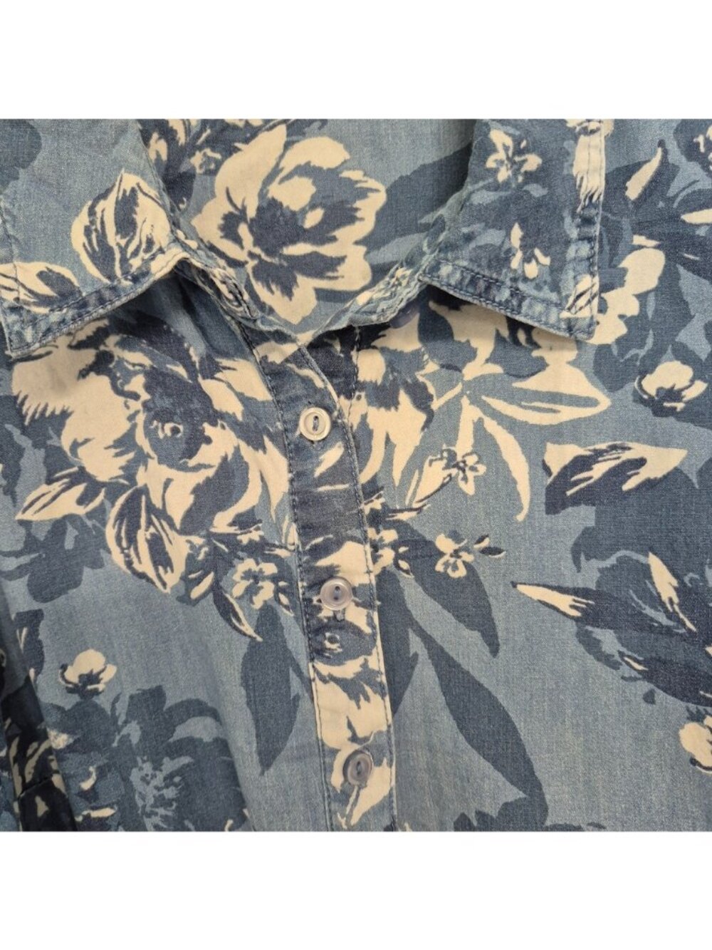 Denim & Co. Women's Floral Blue Cottage Core Button-Up Long Sleeve Top - Picture 2 of 6